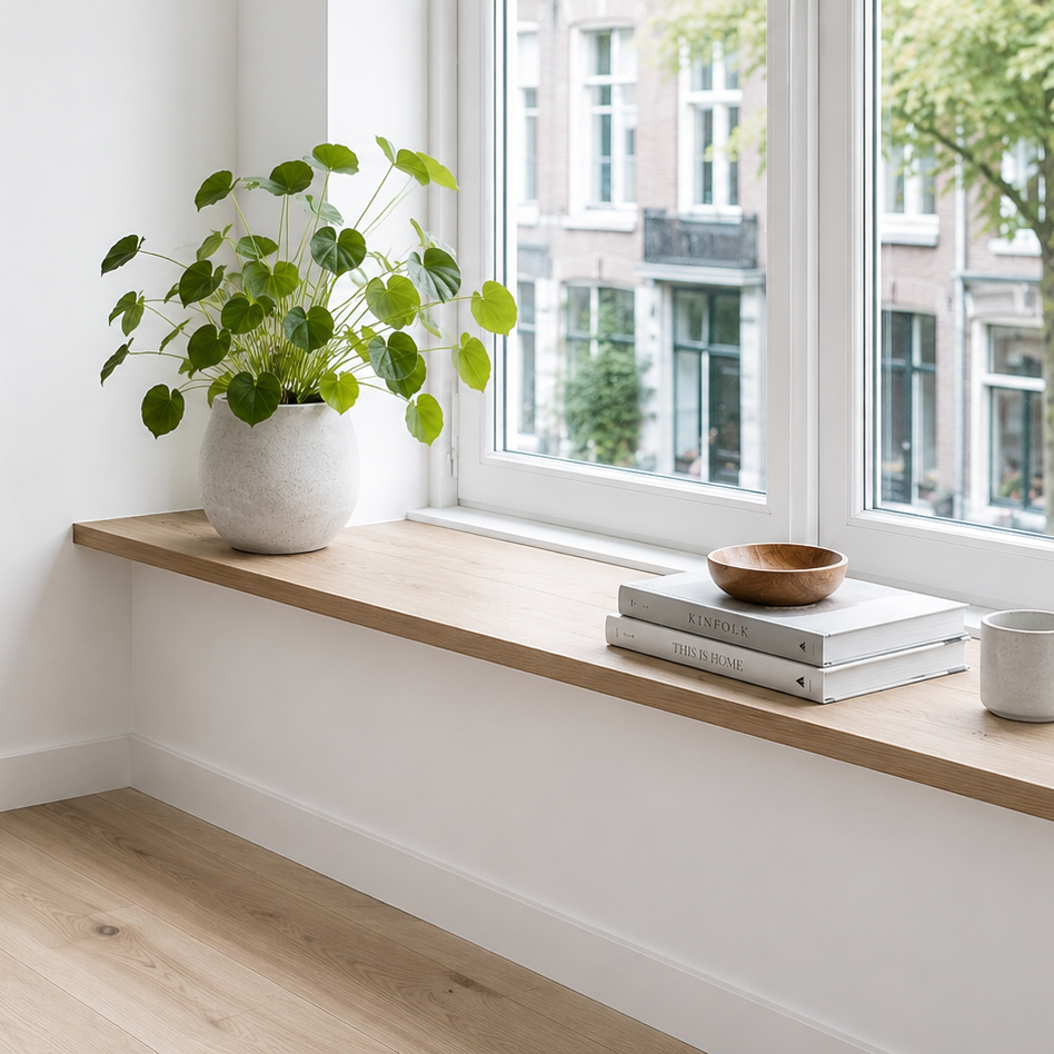 Houten vensterbank op maat in warm interieur